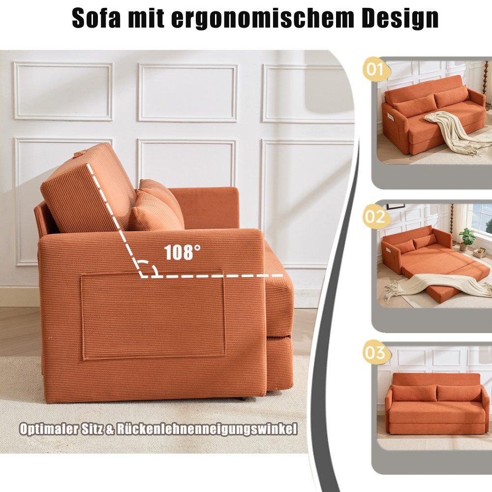 Cord Schlafsofa BBWL in Orange mit Magazintasche