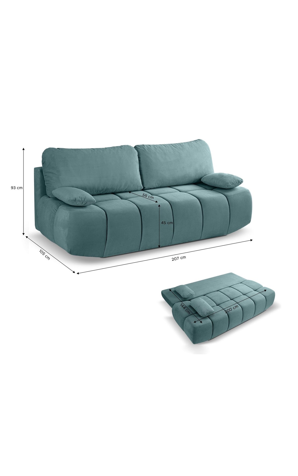 Seitenansicht des mint-blauen Cord Schlafsofas