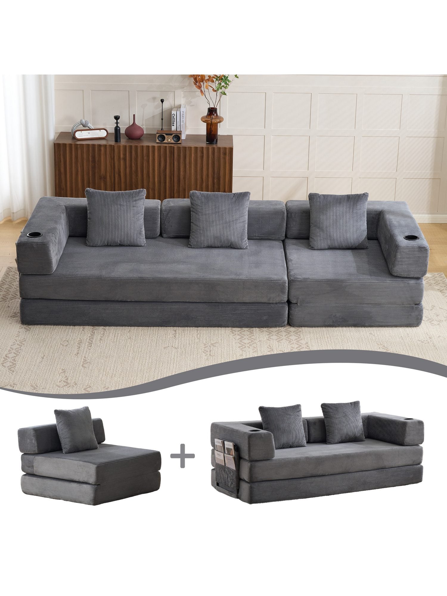 Cord Schlafsofa in Dunkelgrau in Frontansicht