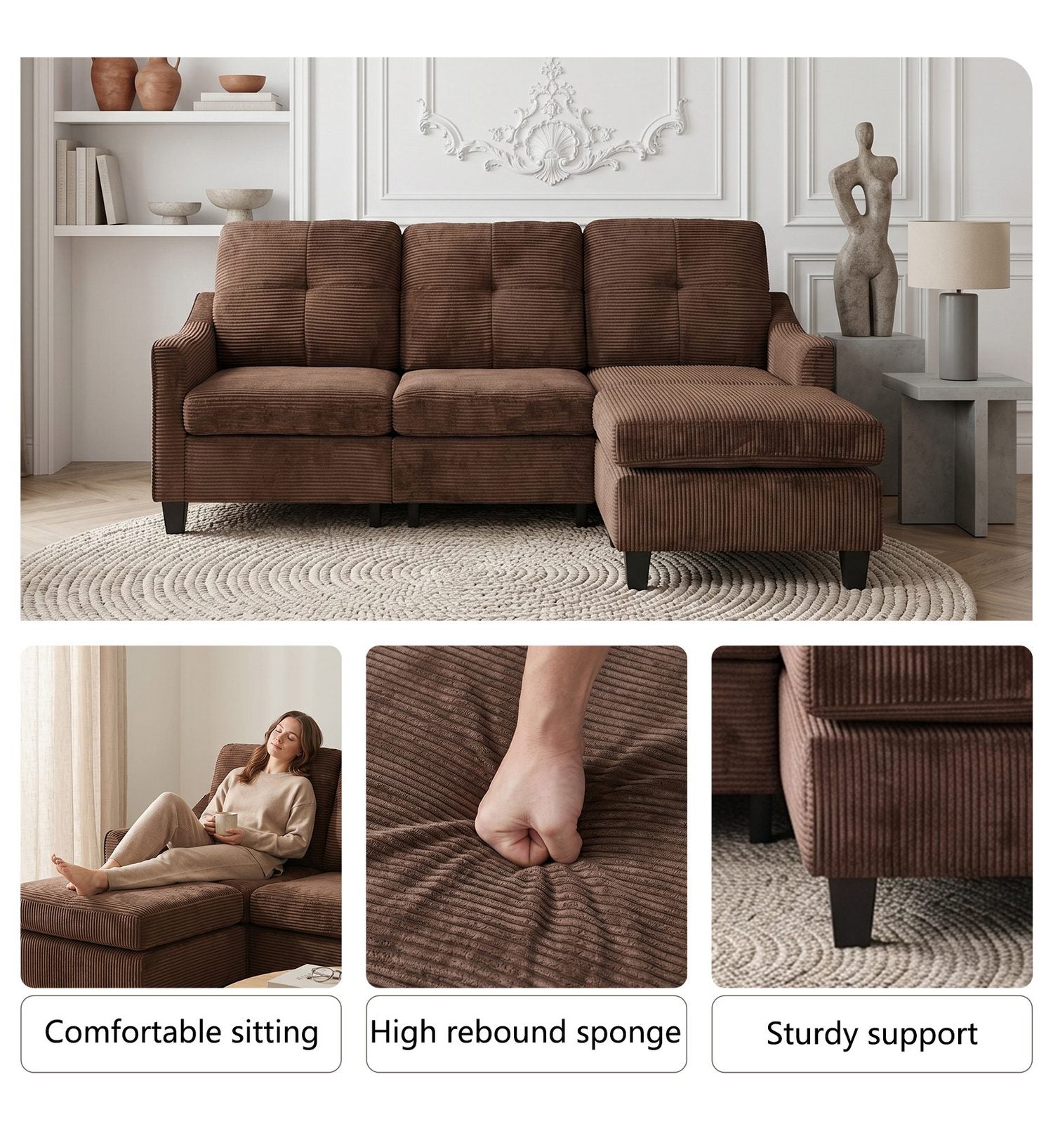 Cord Ecksofa in Braun von der Seite