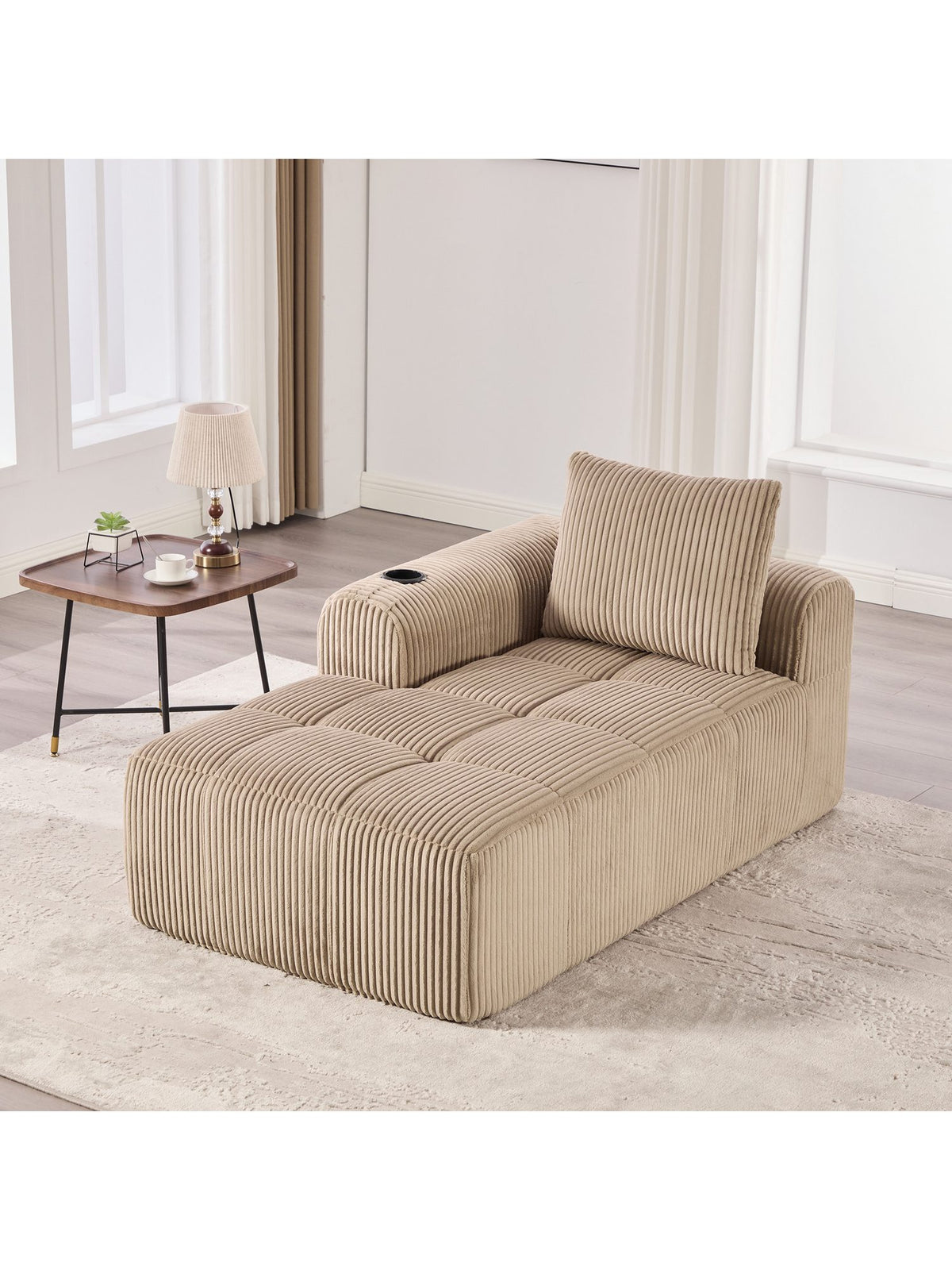 Cord Sofa in Khaki seitliche Ansicht mit Aufbewahrungstasche