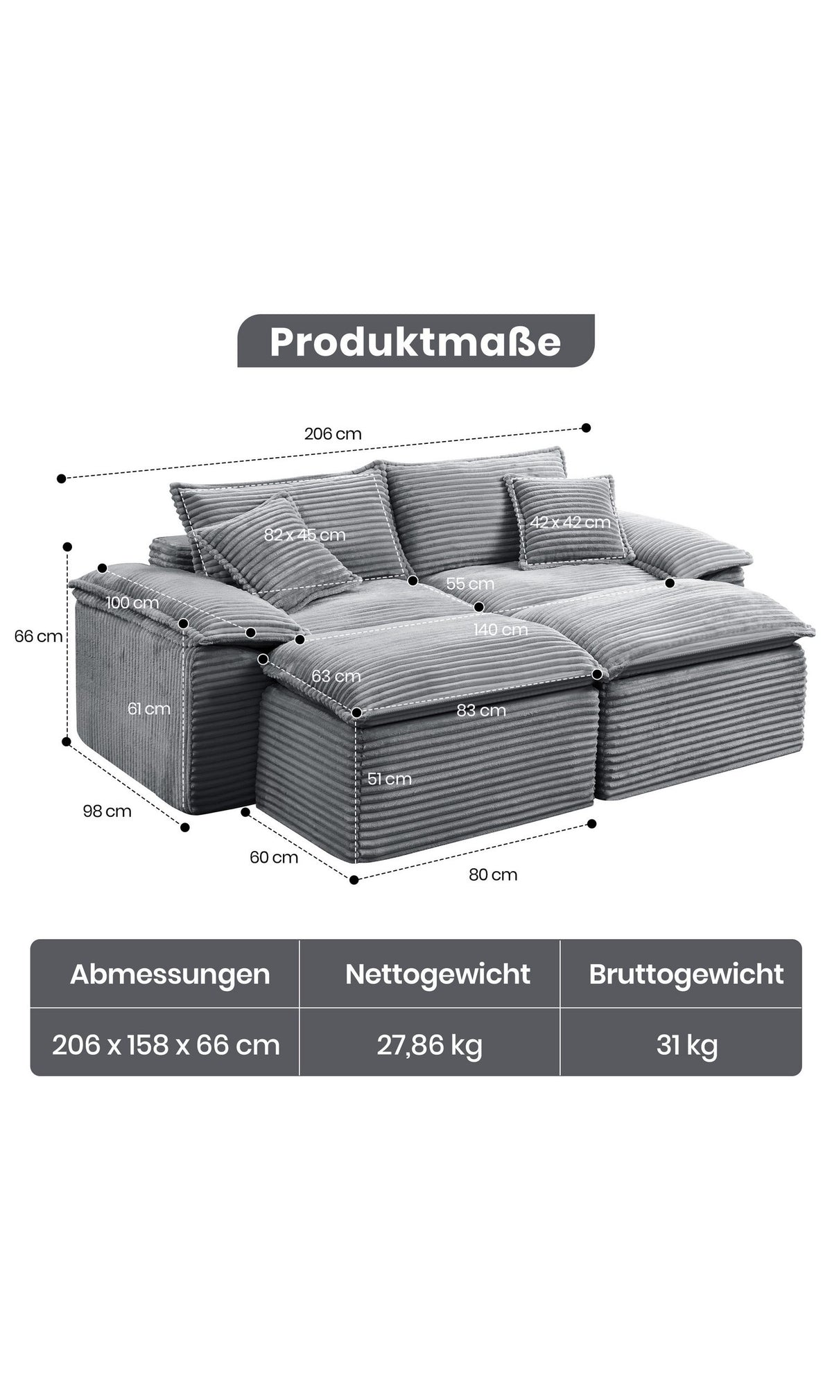 Armlehne und Kissen des modularen Bodensofas