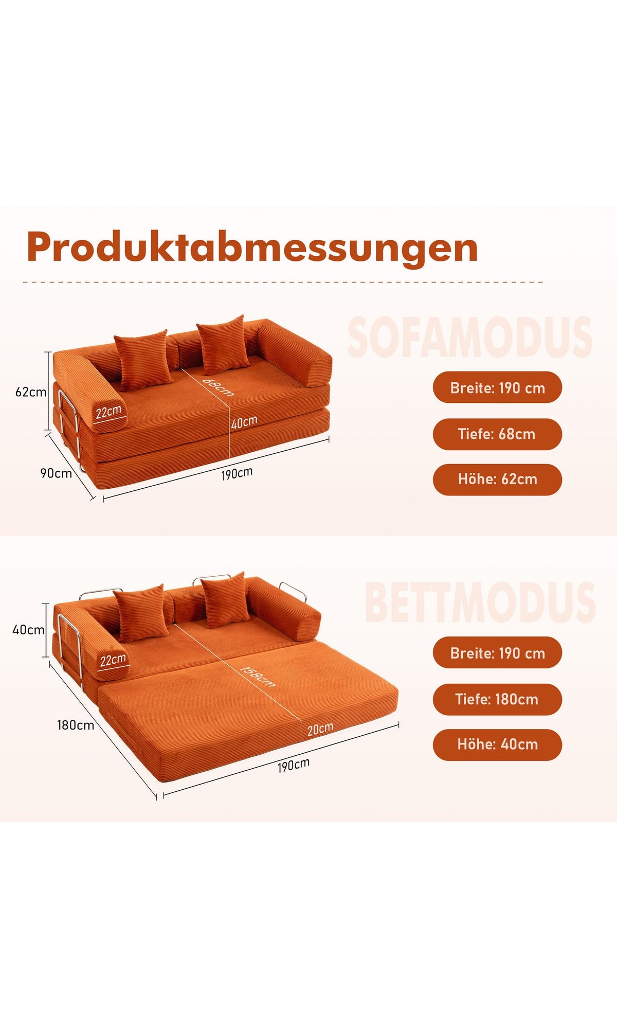 Seitenansicht des orangefarbenen Cord Schlafsofas 5087-Z