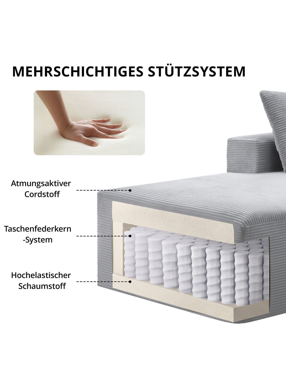 Modulares Cord Ecksofa in Hellgrau - Produktansicht 3