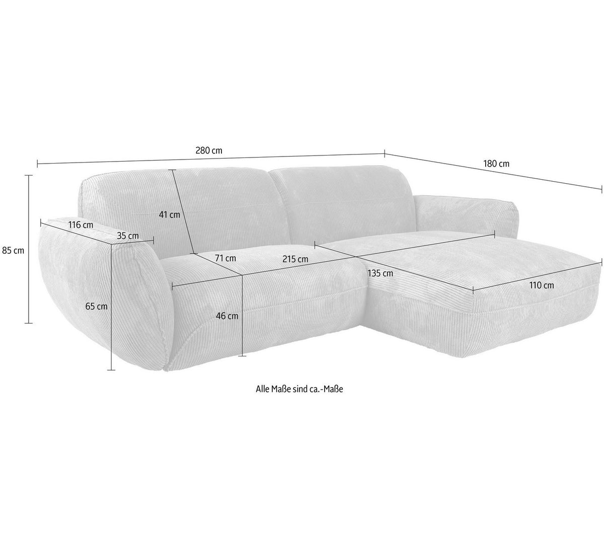 Detailansicht der Armlehne des Cord Ecksofas BE CHILLED