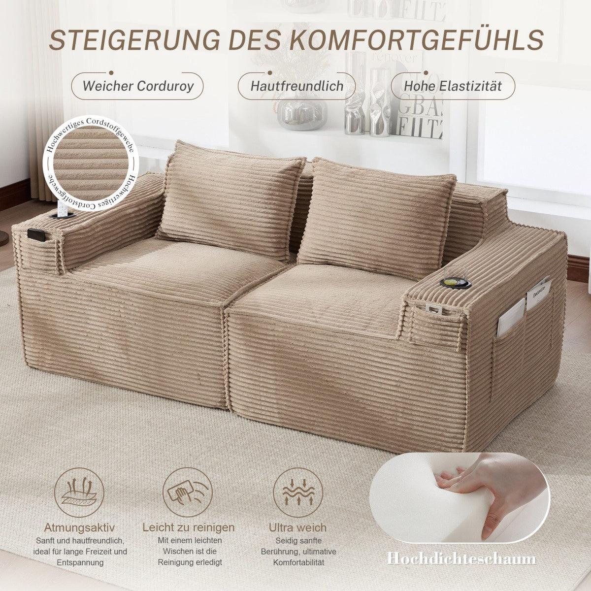 Seitentasche und Ablagefach am modularen Cord Sofa