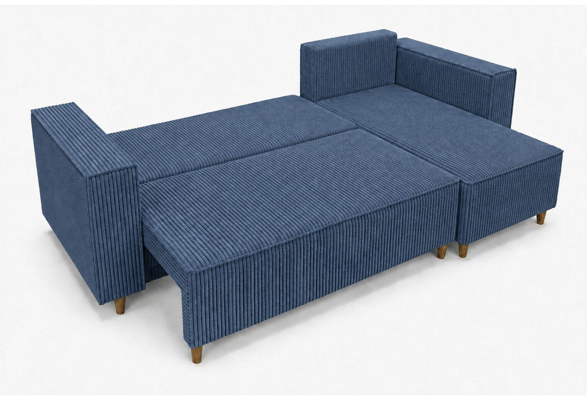 Seitenansicht des blauen Cord Ecksofas RIO