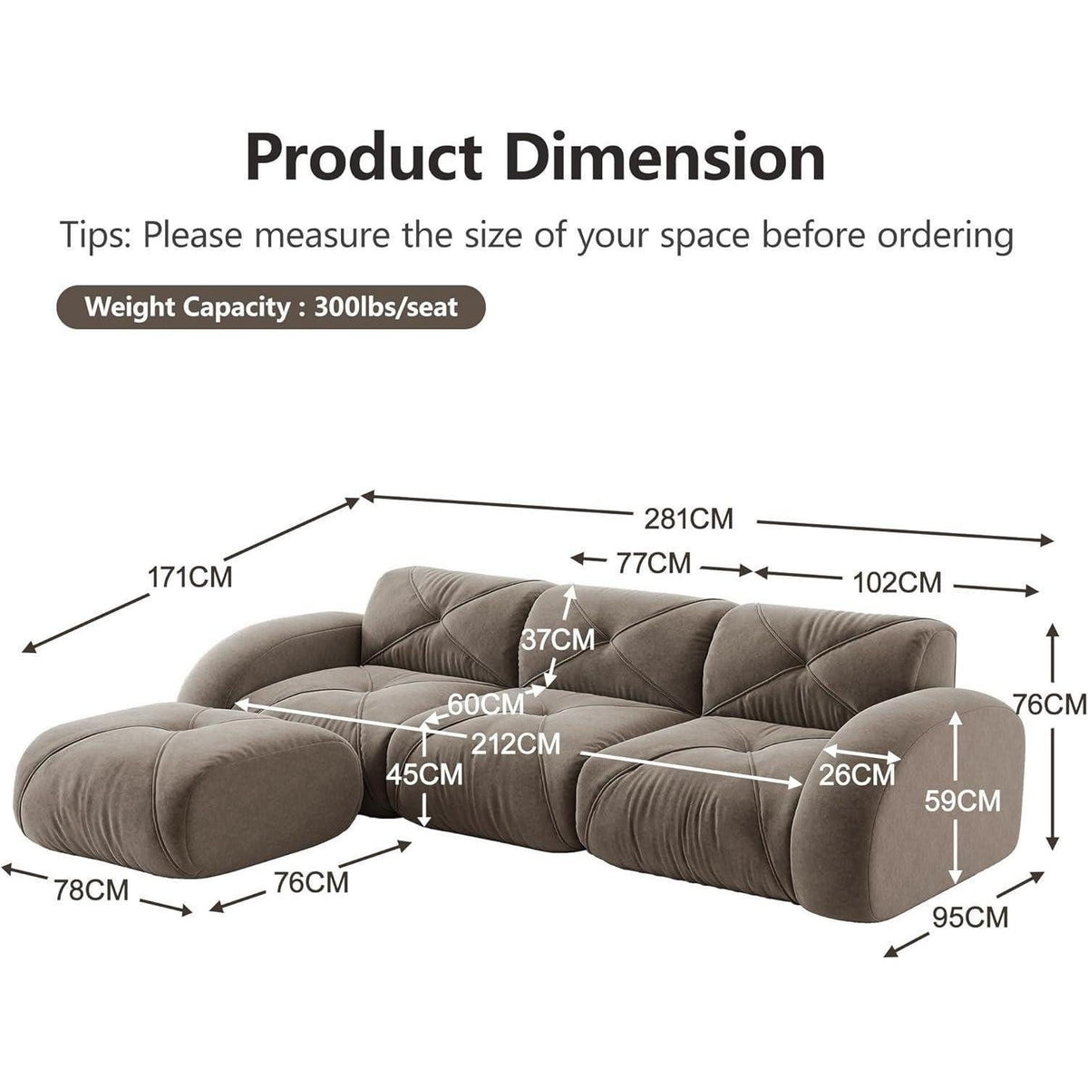 Braunes Cord Ecksofa in L-Form von vorne