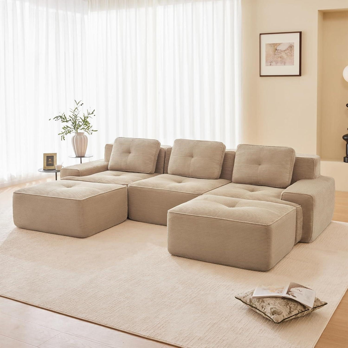 Modulare Cord Wohnlandschaft in Beige als L-Form angeordnet
