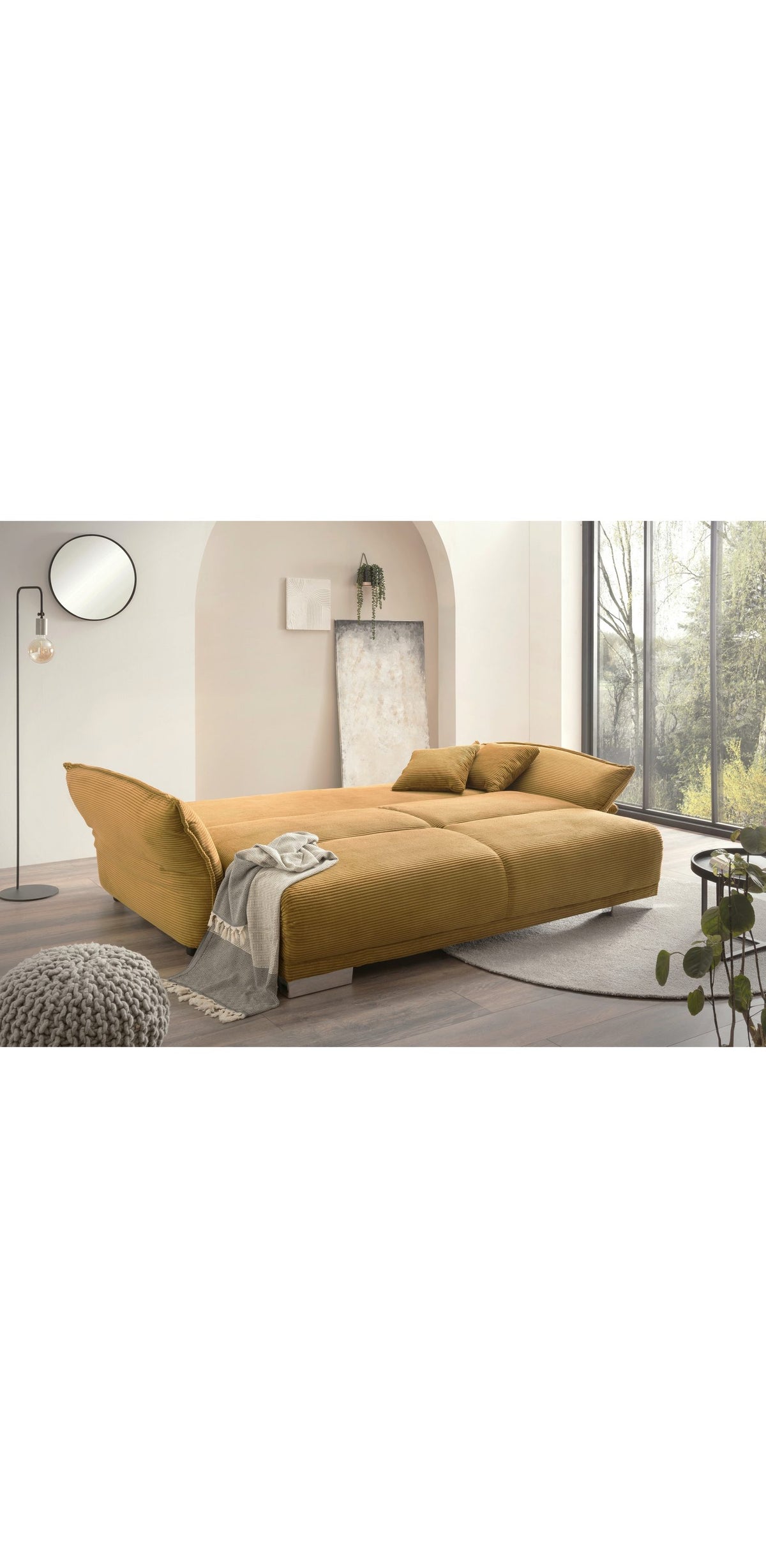 Big Sofa Gold Ockergelb mit ausgezogener Liegefläche