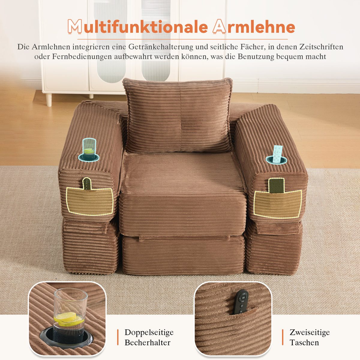 Cord Klappsofa in Khaki mit ausgeklappter Liegefläche