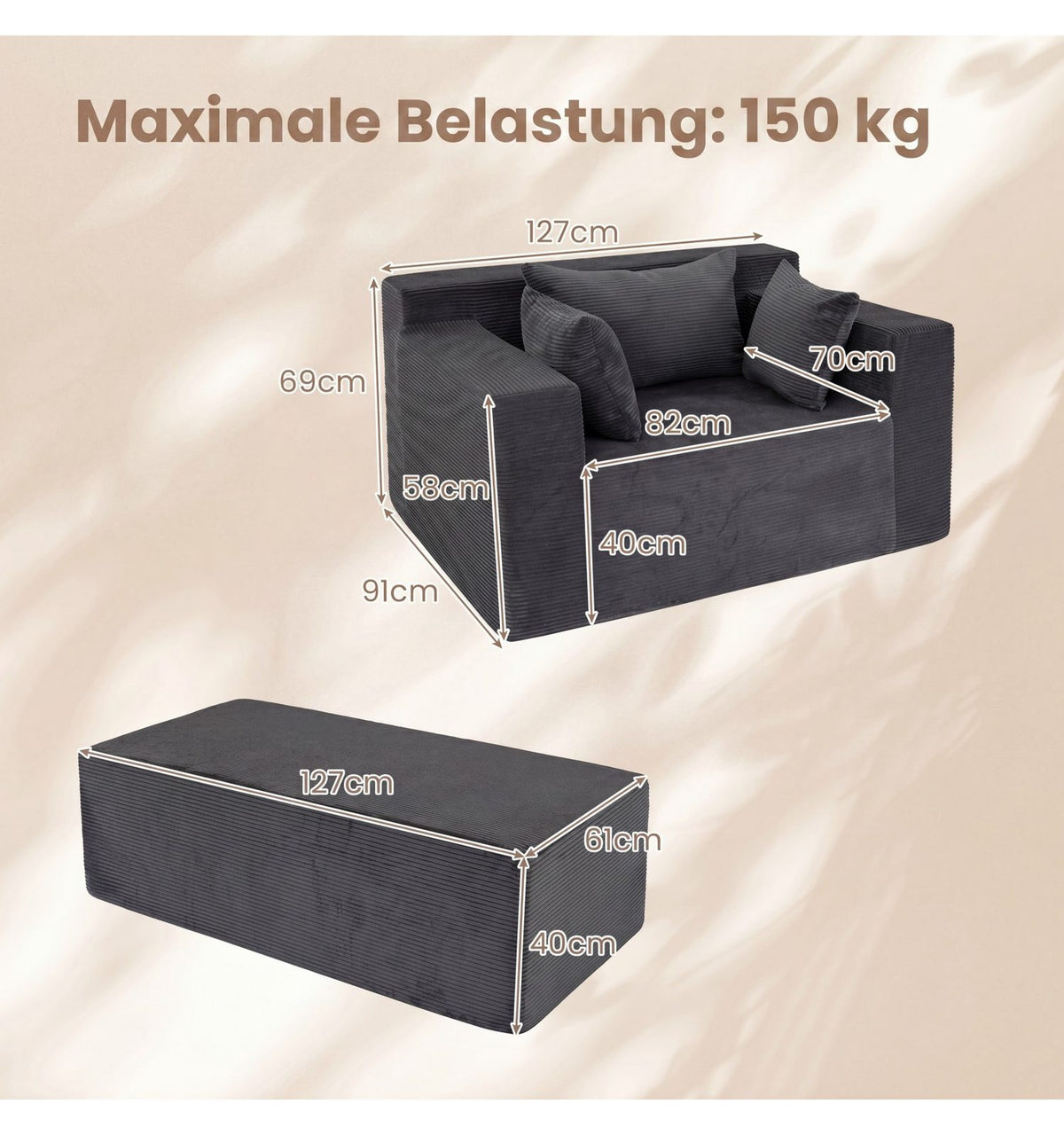 Graues Bodensofa aus Cord in der Seitenansicht