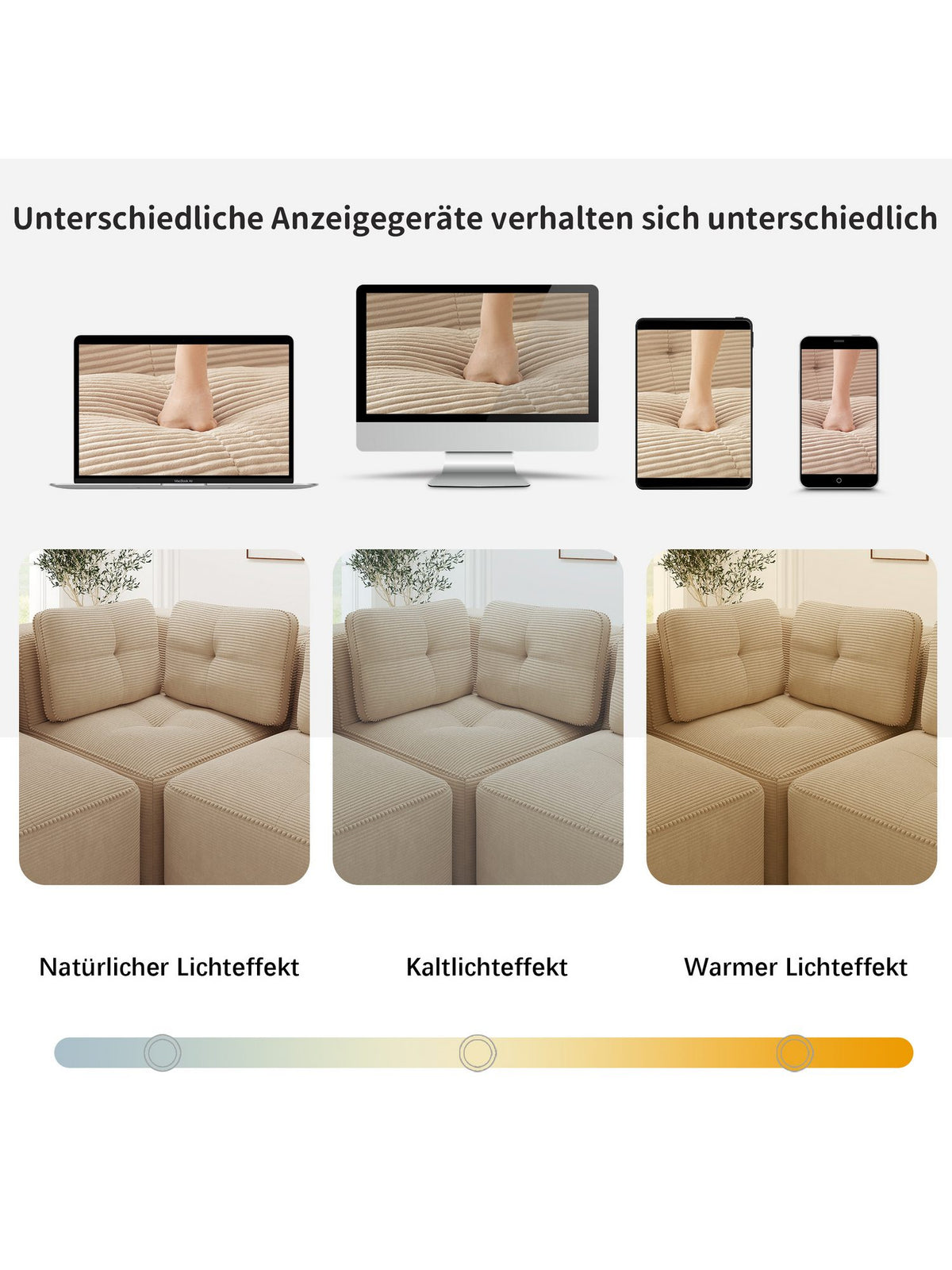 Breite Armlehne des Cord Ecksofas im Detail