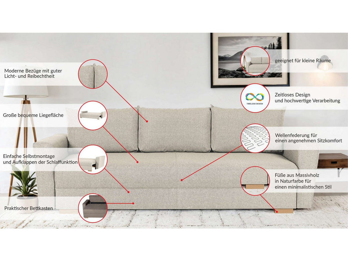 Geoeffneter Bettkasten des Schlafsofas MAGHERA