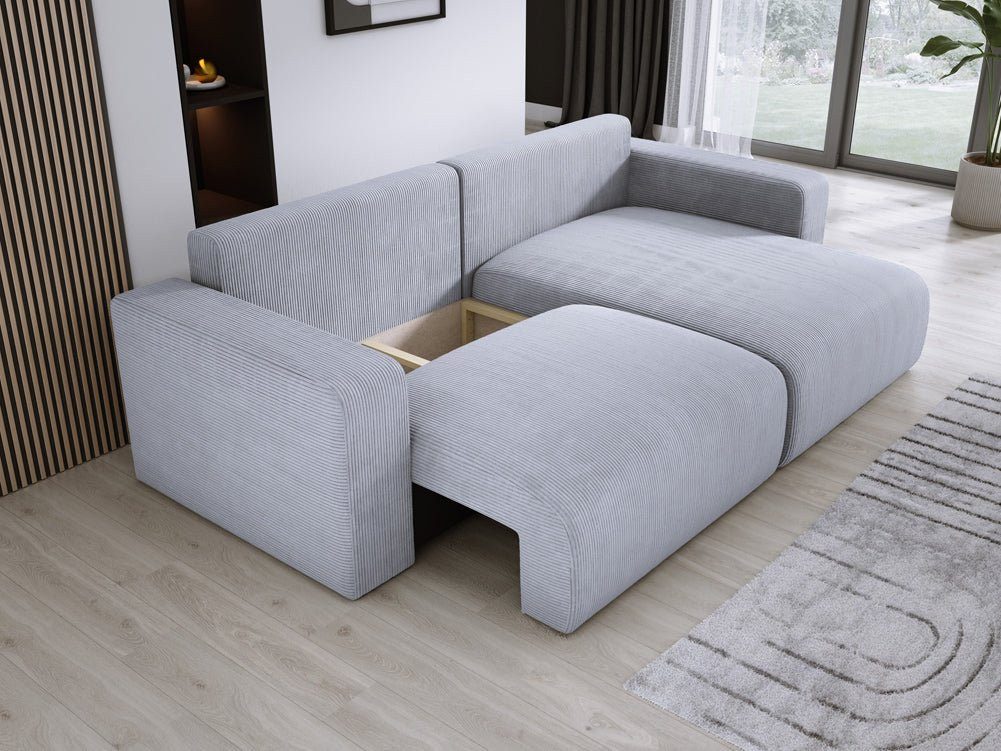 Cord Ecksofa CARL Hellgrau mit ausgeklappter Schlaffunktion