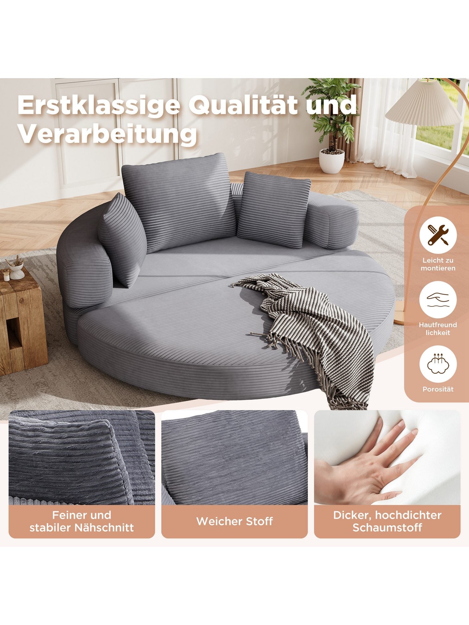 Cord Schlafsofa mit Rücken- und Schutzrand aus Cord