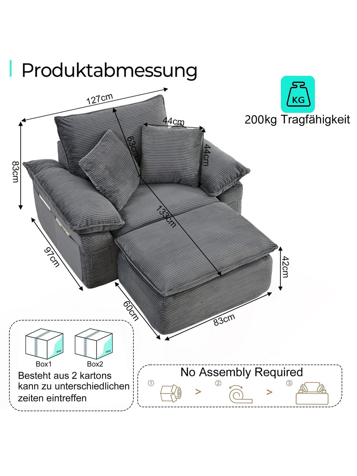 Cord Sofa in Grau als Zweisitzer gestellt