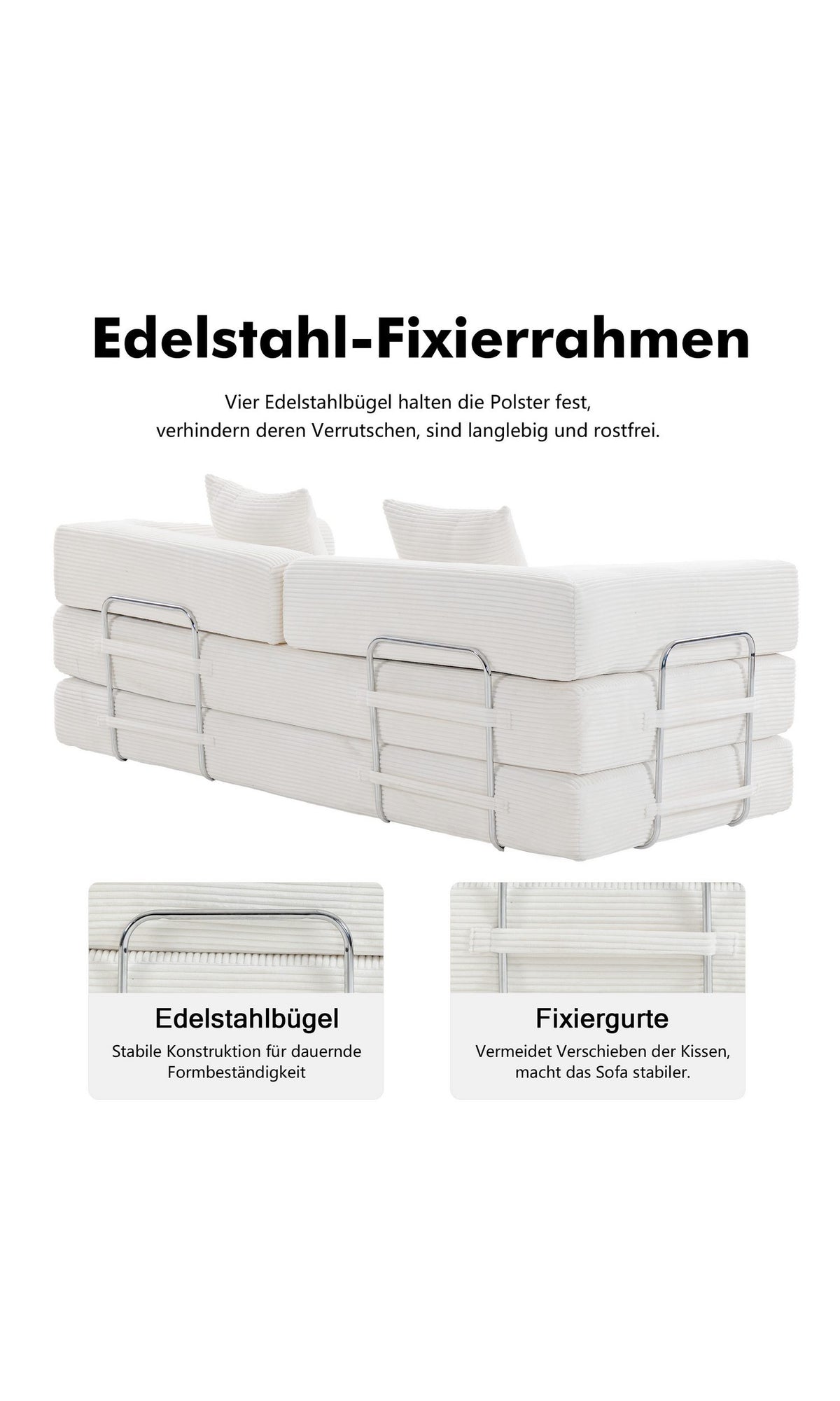 Weißes Cord Schlafsofa mit zwei losen Rückenkissen
