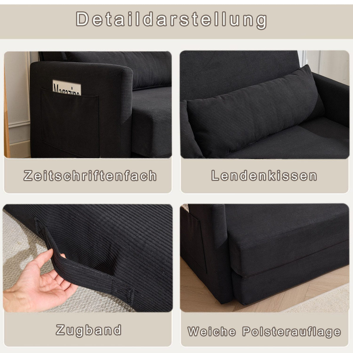 Cord Bodensofa ANYSUN flach ausgeklappt im Schlafmodus