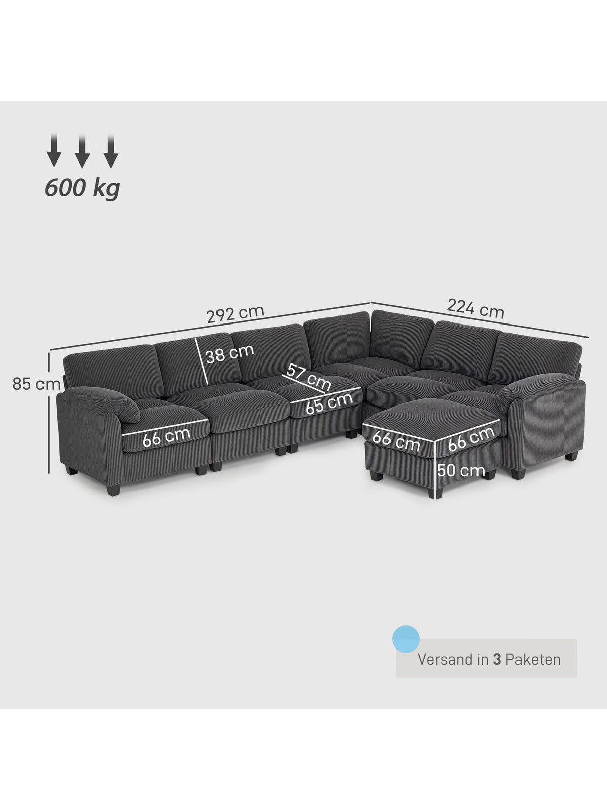 Cord Wohnlandschaft HOMCOM in Dunkelgrau Ansicht 5