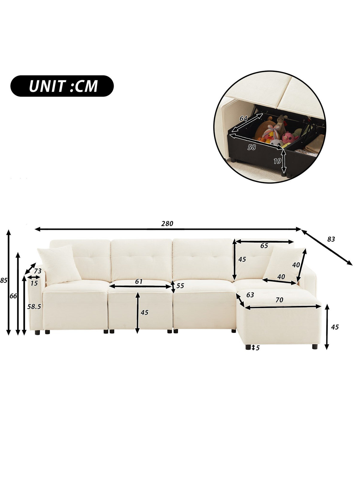 Beiges Cord Ecksofa von der Seite