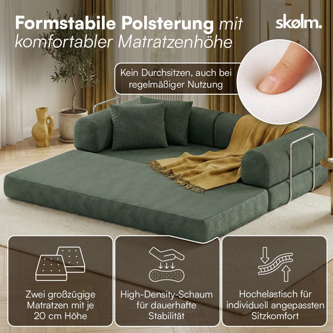 Cord Schlafsofa LOFN in Dunkelgrün von vorne