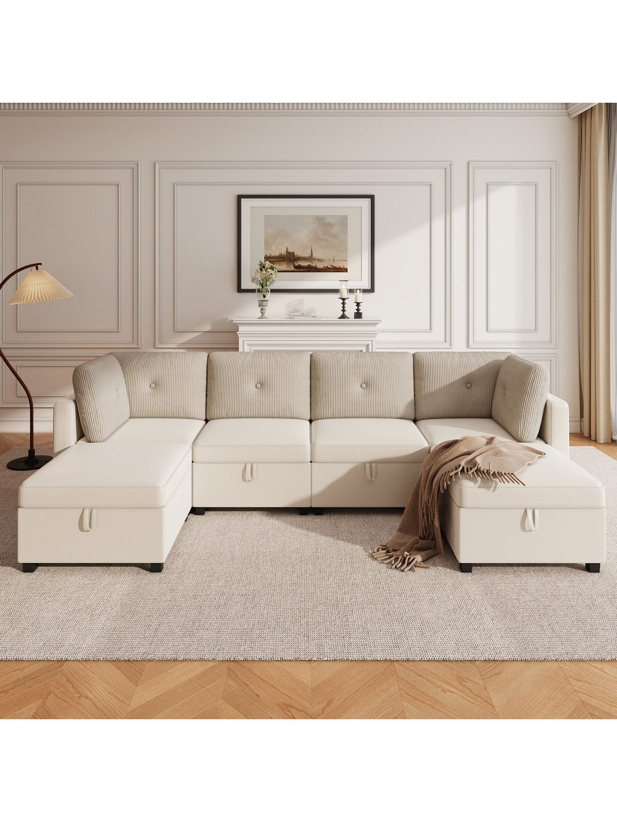 Modulares Cord Sofa in Beige Gesamtansicht