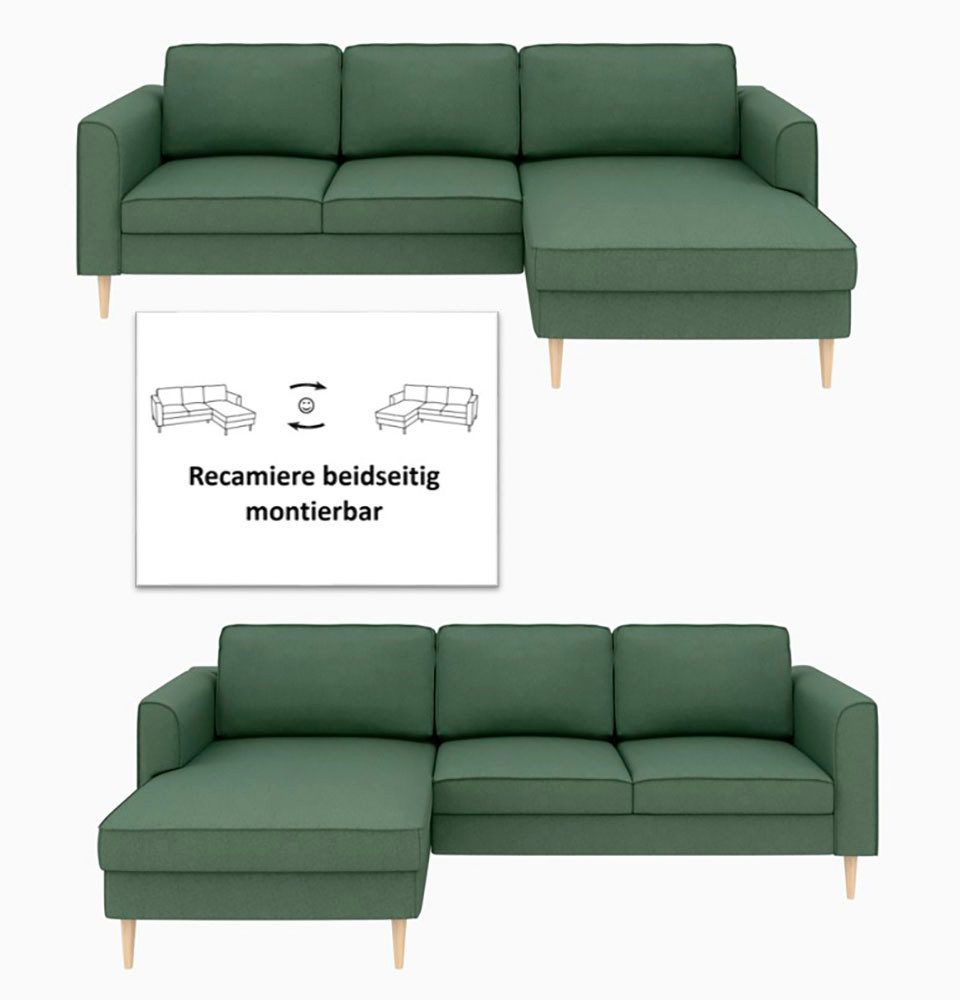 Cord Ecksofa BOOSTER in Dunkelgrün seitlich fotografiert