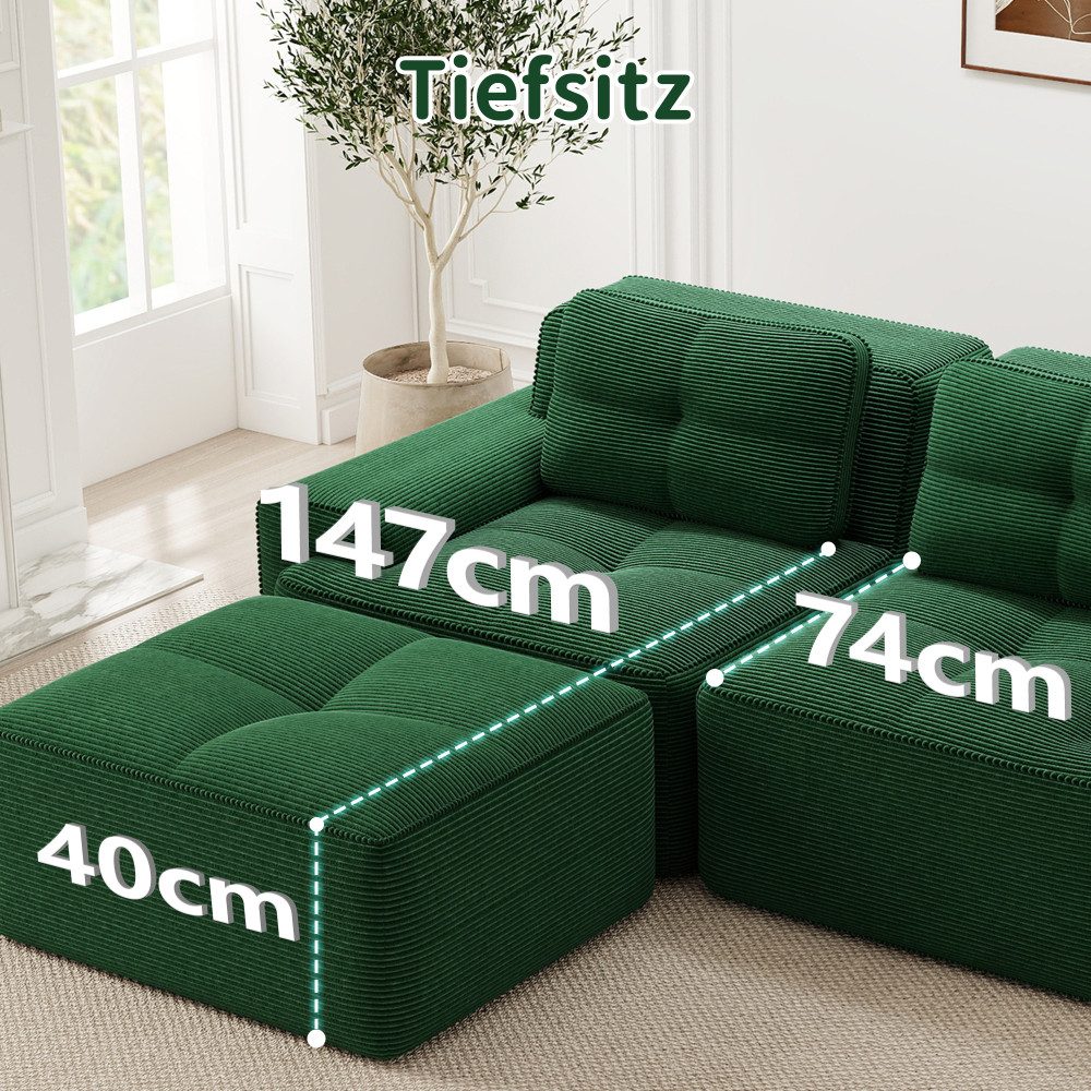 Seitenansicht des bodennahen Cordsofas in Grün