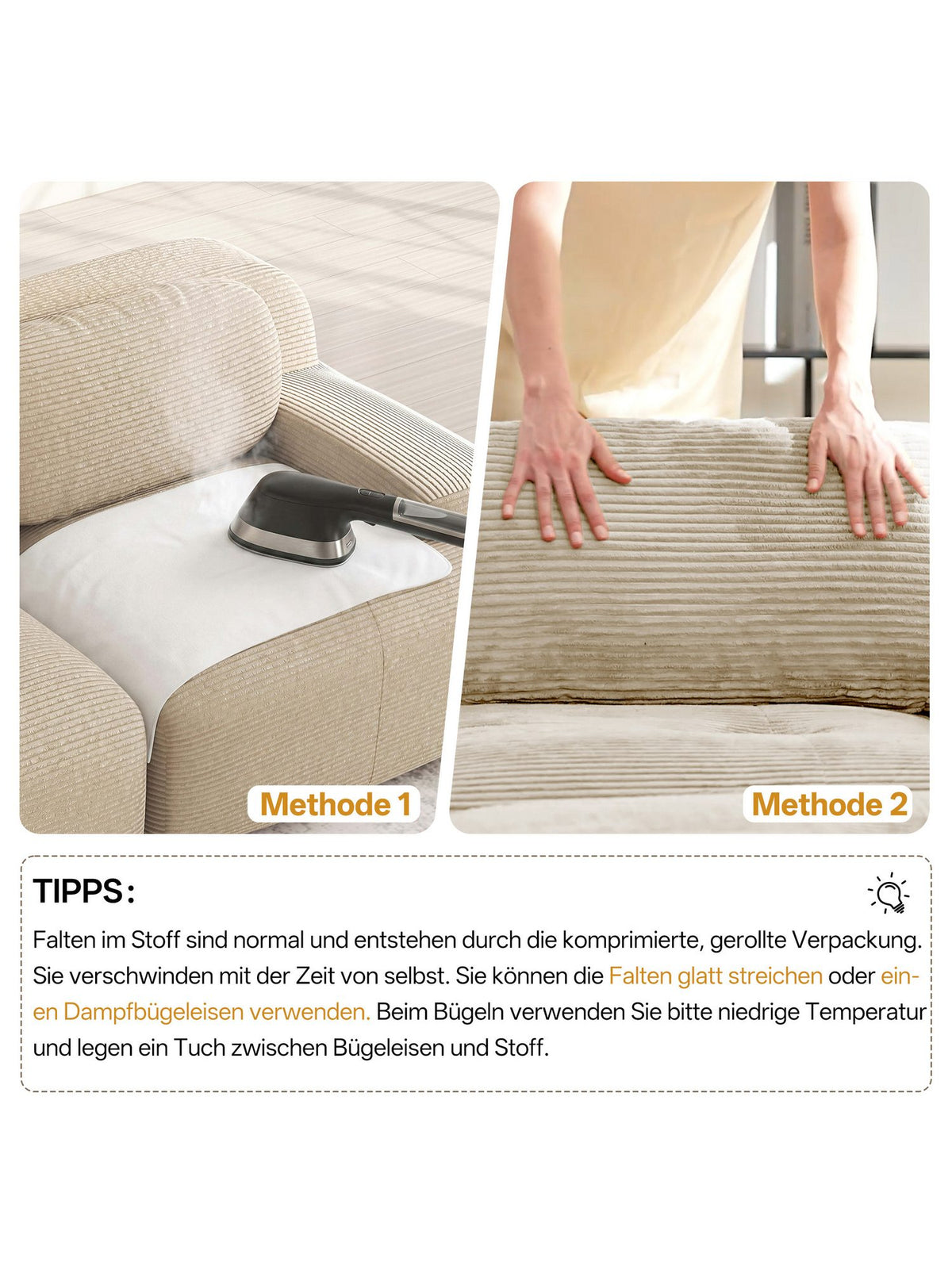 Modulares U-Sofa aus Cordstoff in Beige von vorne
