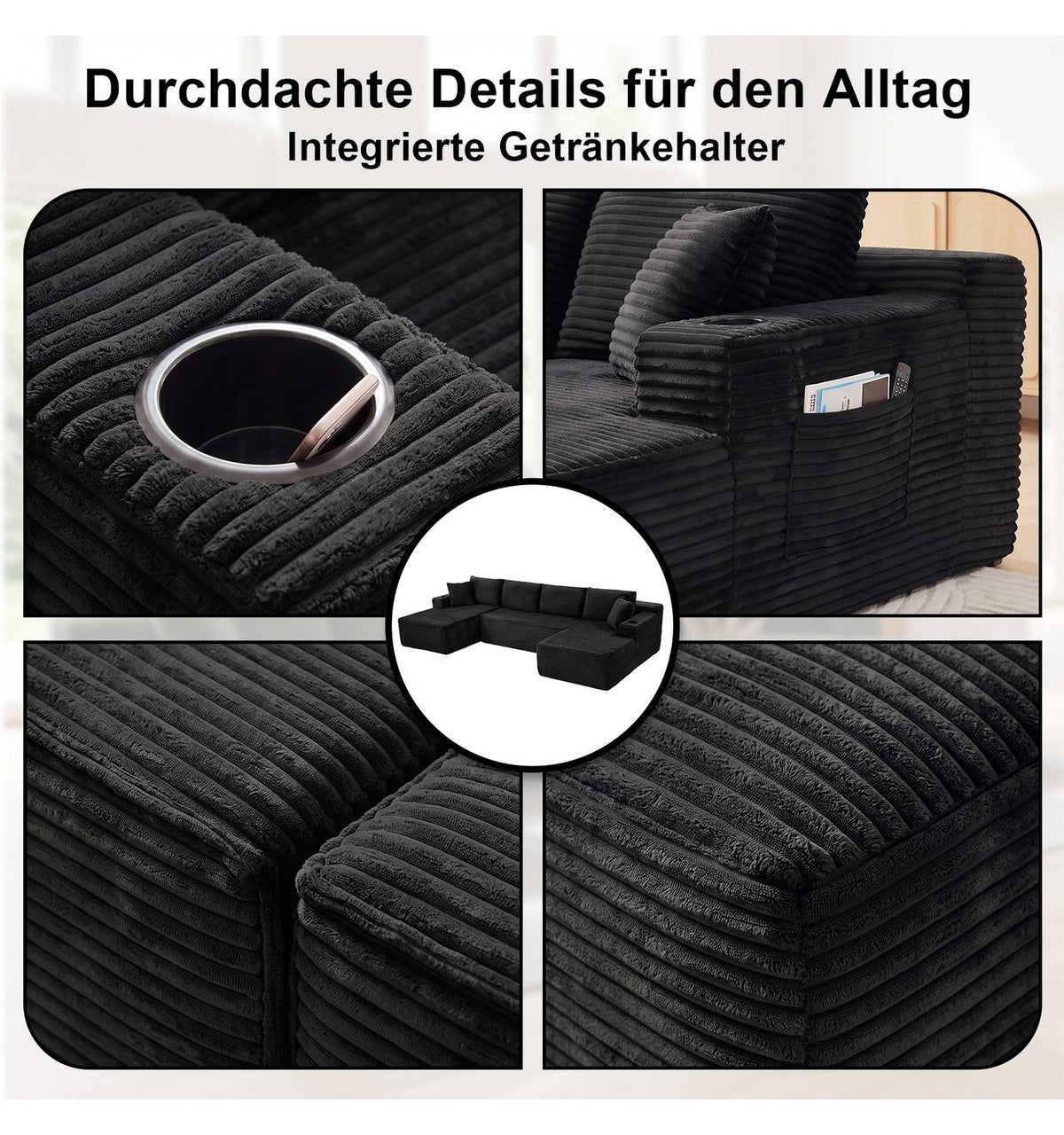 Getränkehalter in der gepolsterten Armlehne
