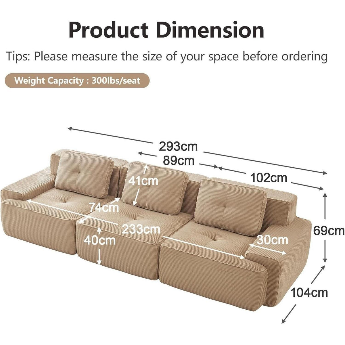 Modulares Cord Ecksofa in Beige Frontansicht