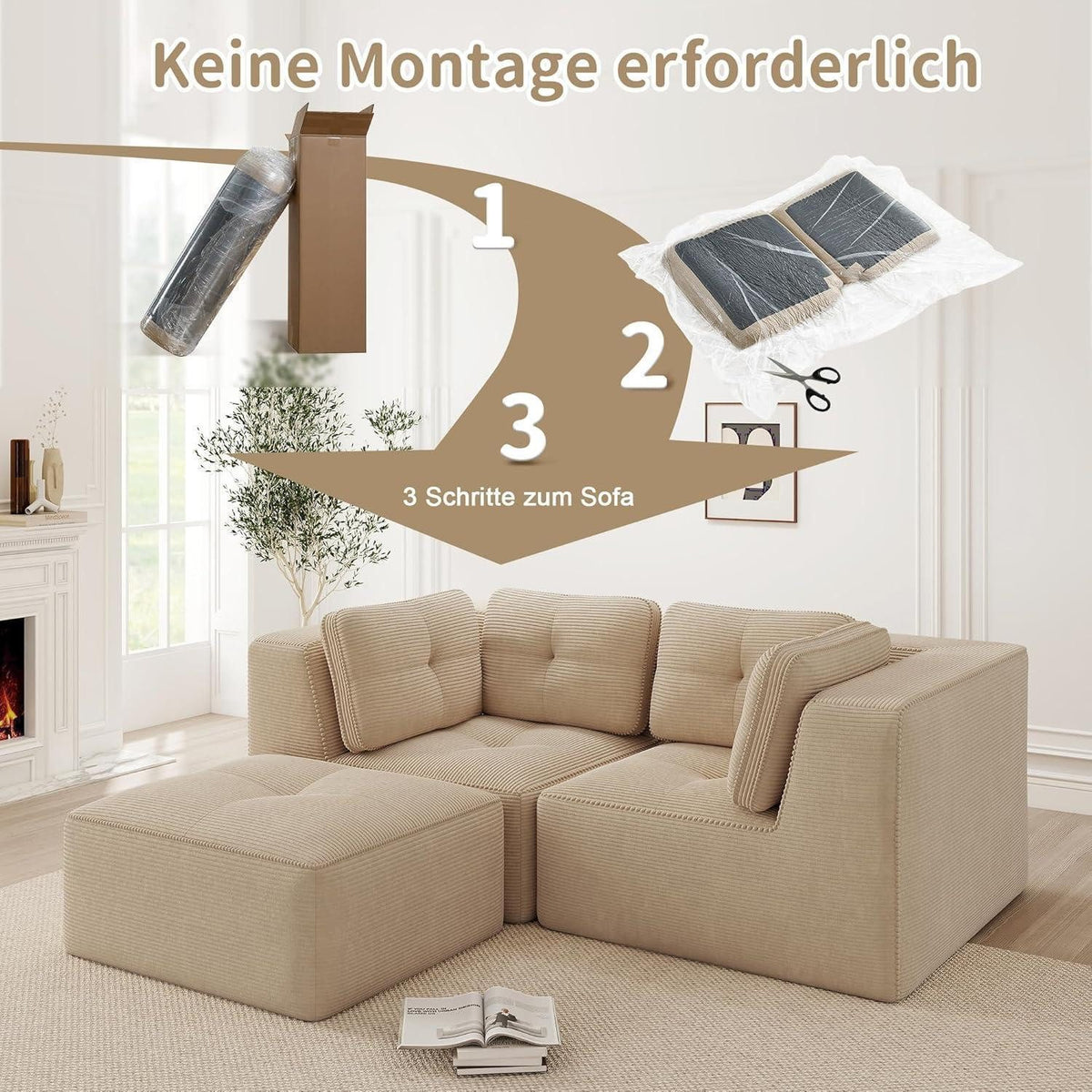 Beiges Cord Ecksofa mit breiten Armlehnen und niedriger Sitzhöhe