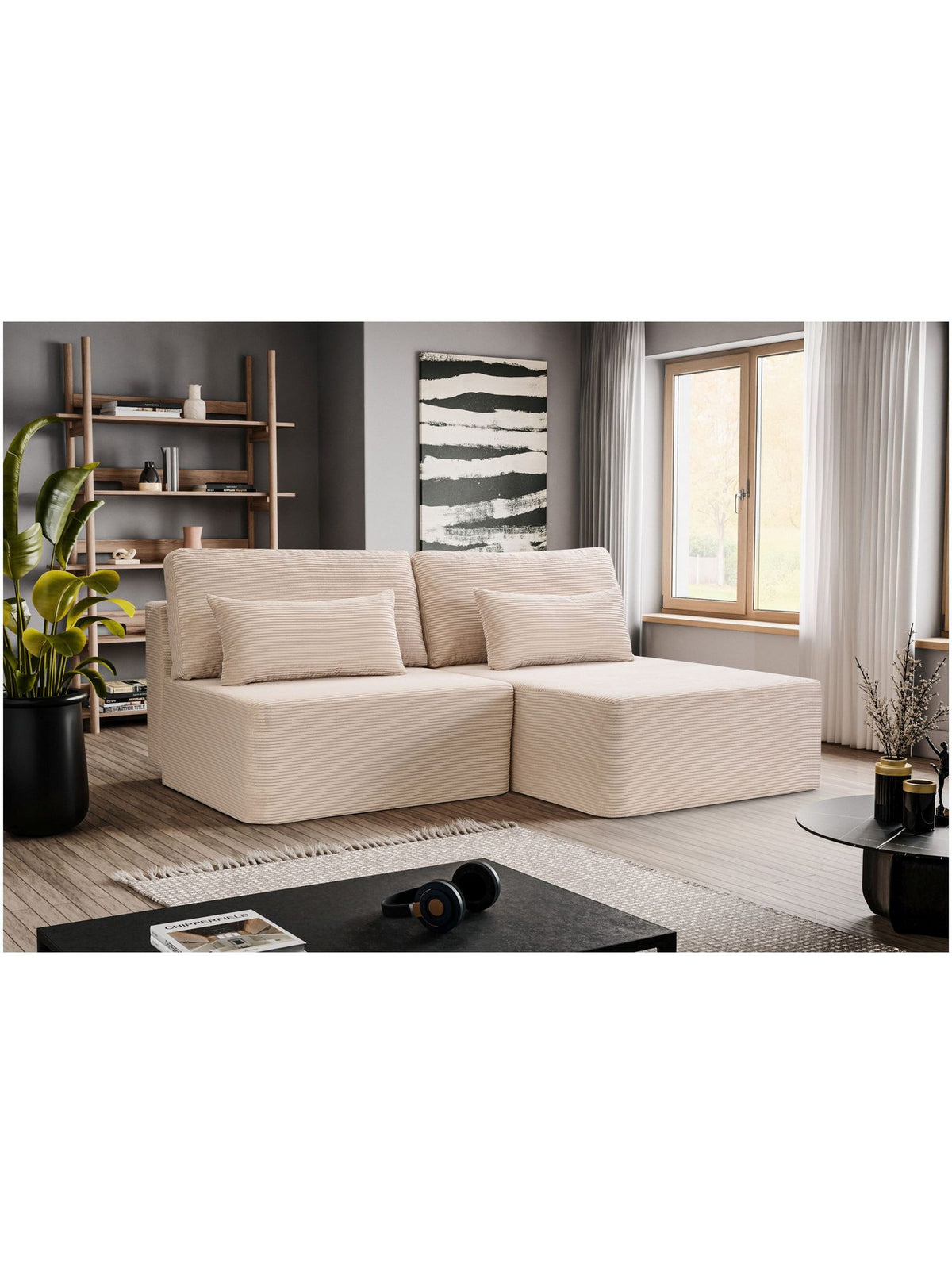 Cord Schlafsofa AMSTERIX mit Recamiere rechts im Wohnraum