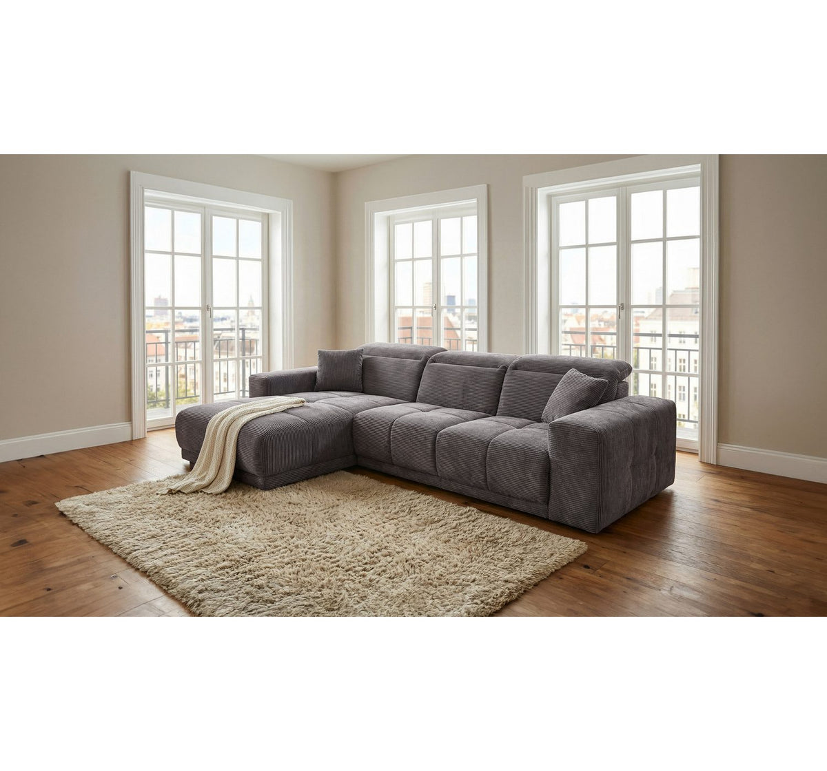 Cord Ecksofa TONI in Grau im Wohnzimmer