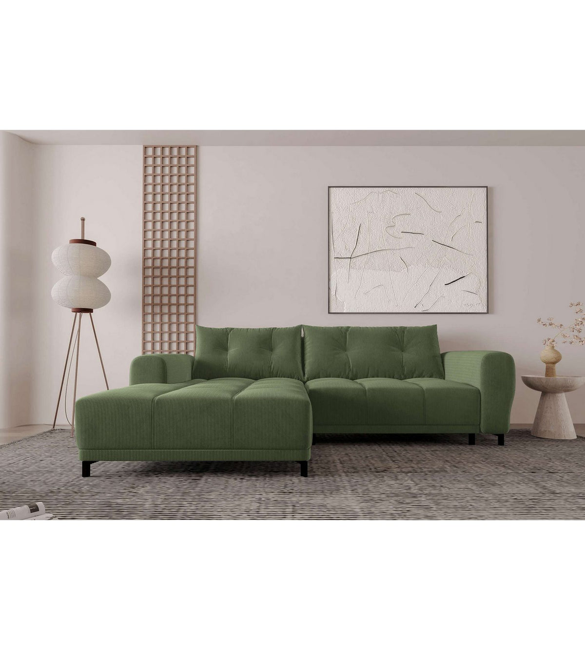 Cord Ecksofa MASSIMO in Khaki frontal im Wohnzimmer