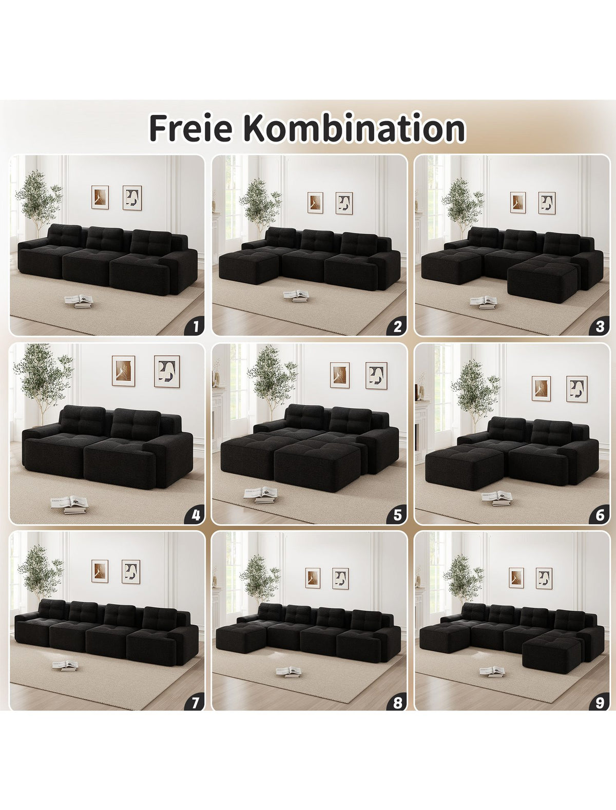 Modulares Cord Schlafsofa in Schwarz aus seitlicher Perspektive