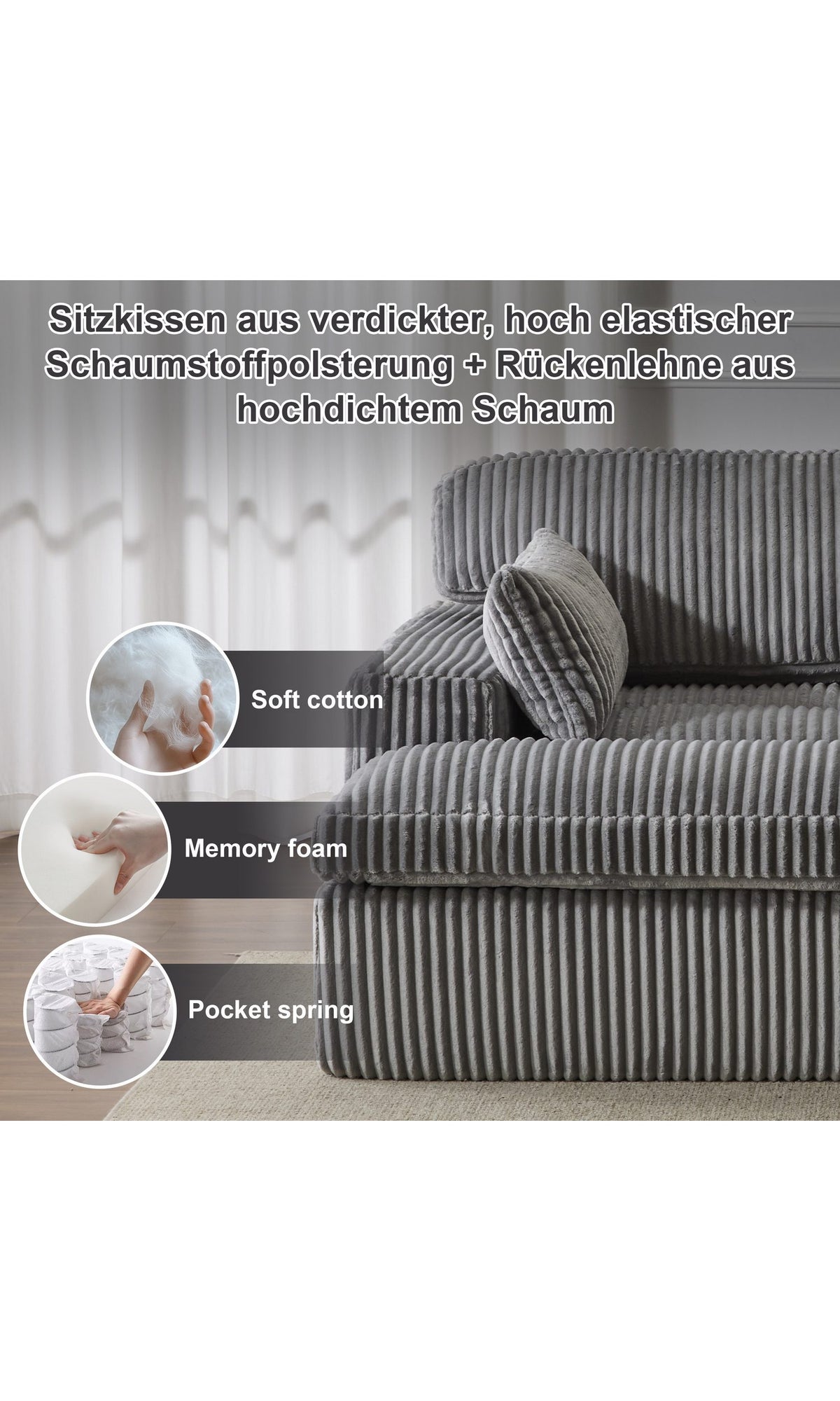 Cord Schlafsofa in Grau als Liegefläche aufgebaut
