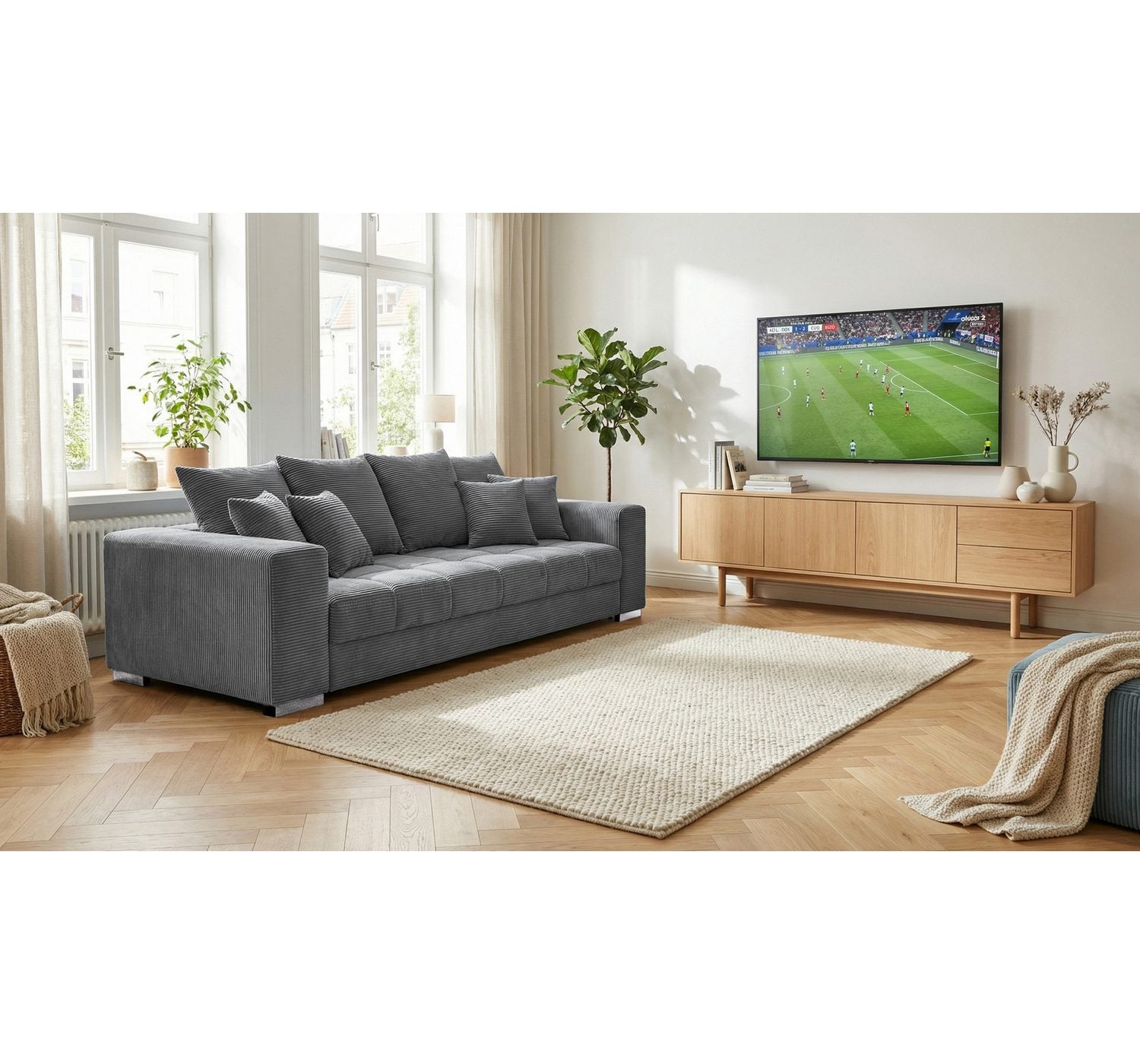 Detail des grauen Cordbezugs am Big Sofa BORNEO