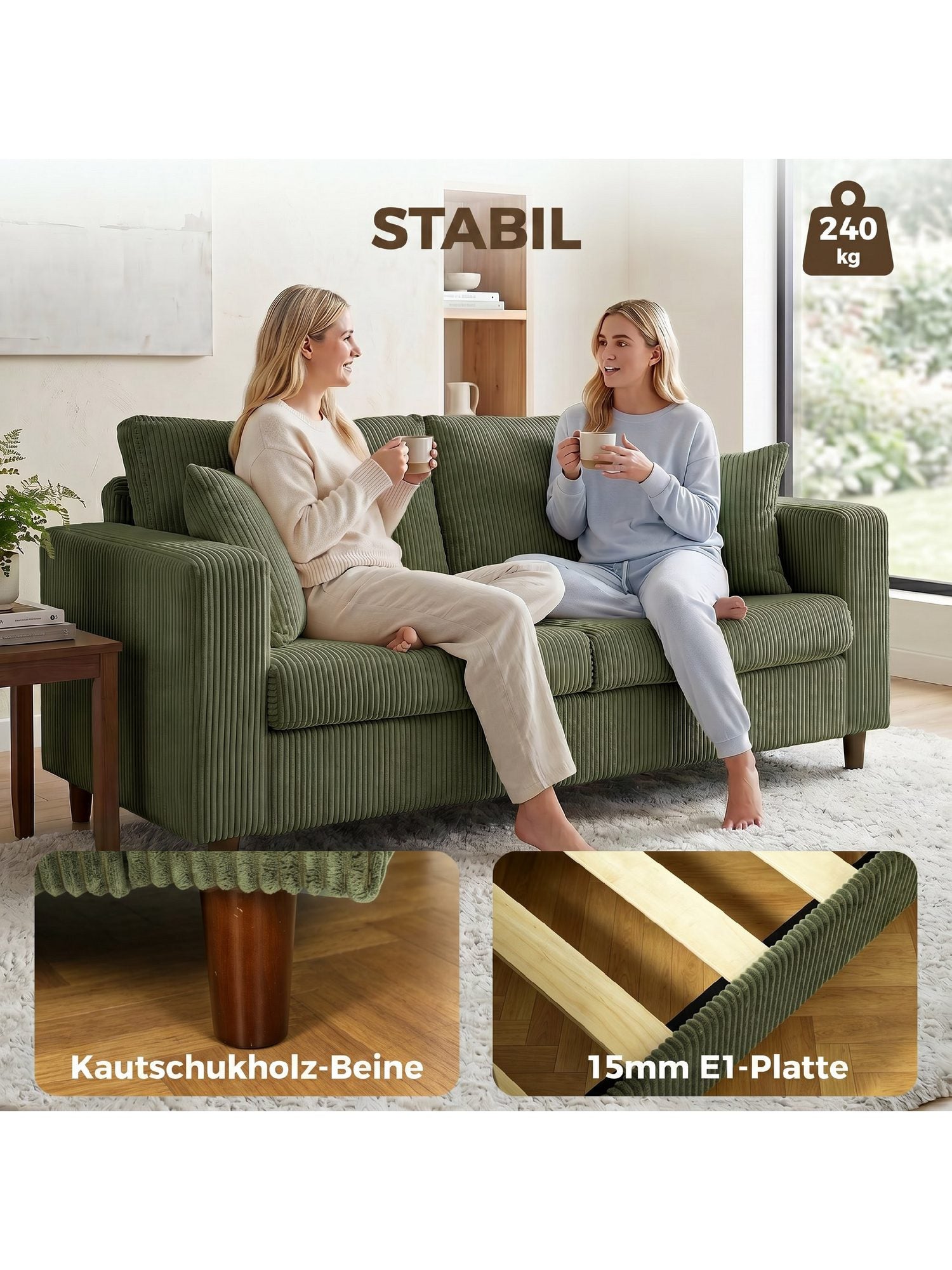 Grünes Cord Sofa 170 cm im Wohnzimmer