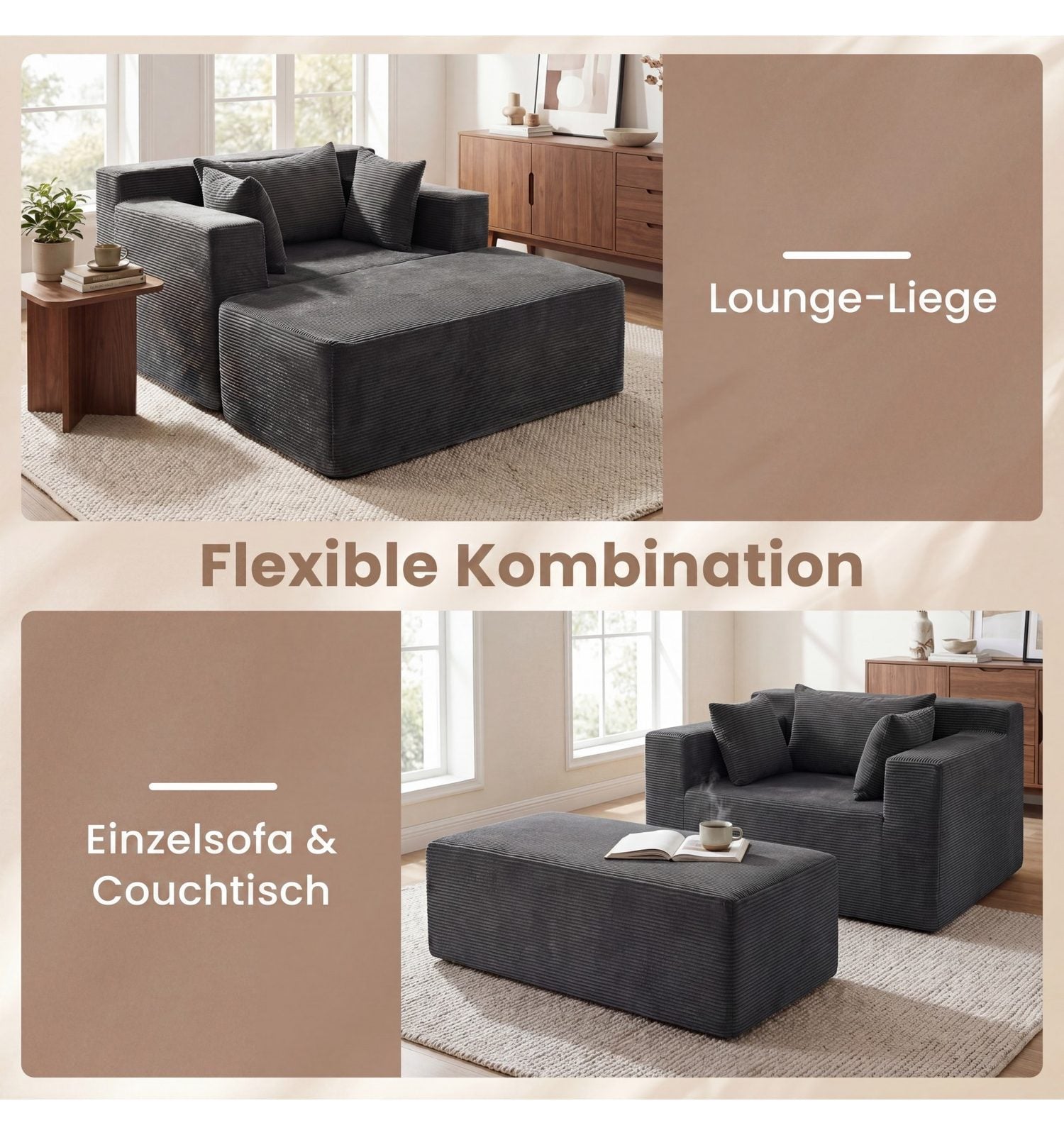 Cord Schlafsofa in Grau mit drei Kissen