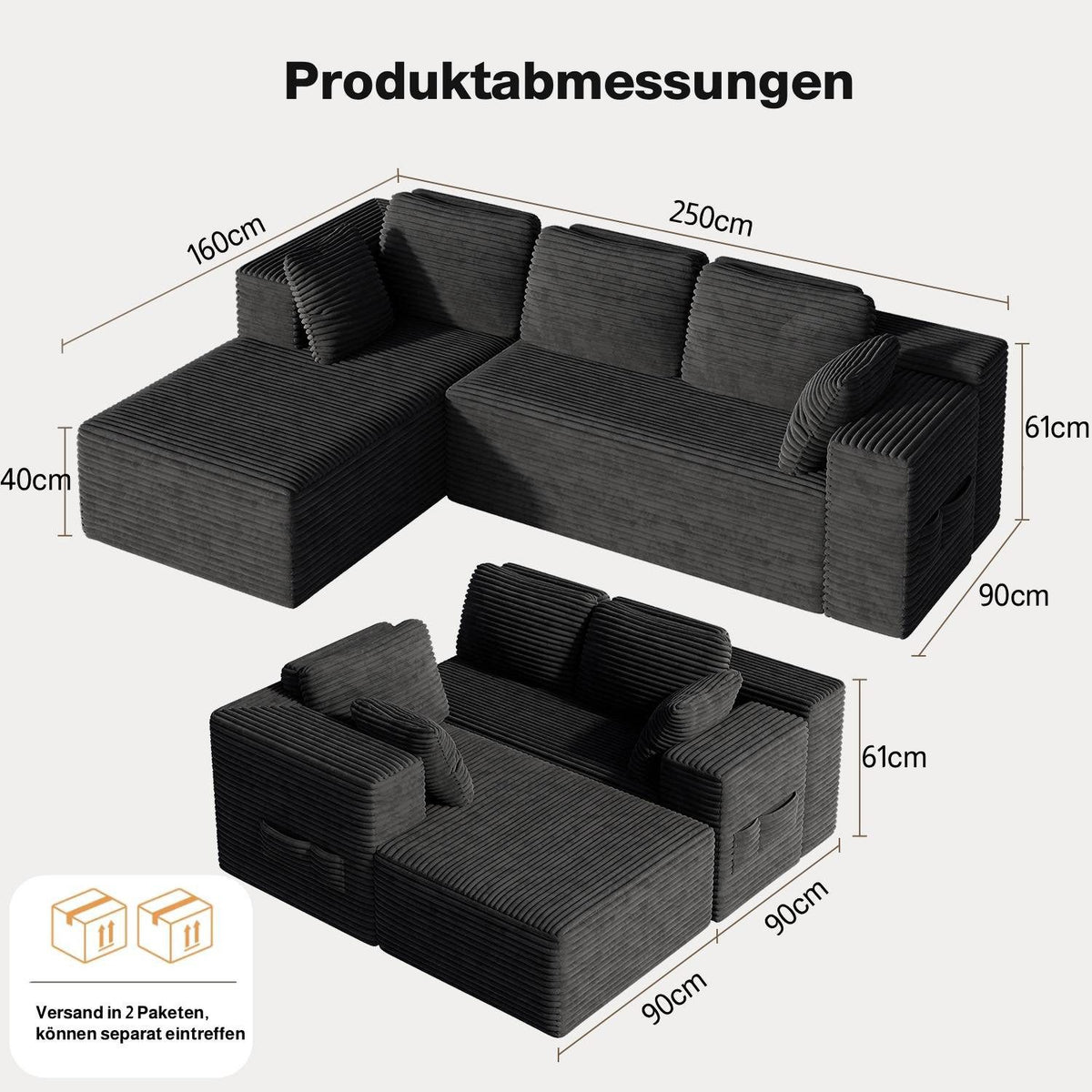 Cord Ecksofa Blishom in Schwarz von vorne