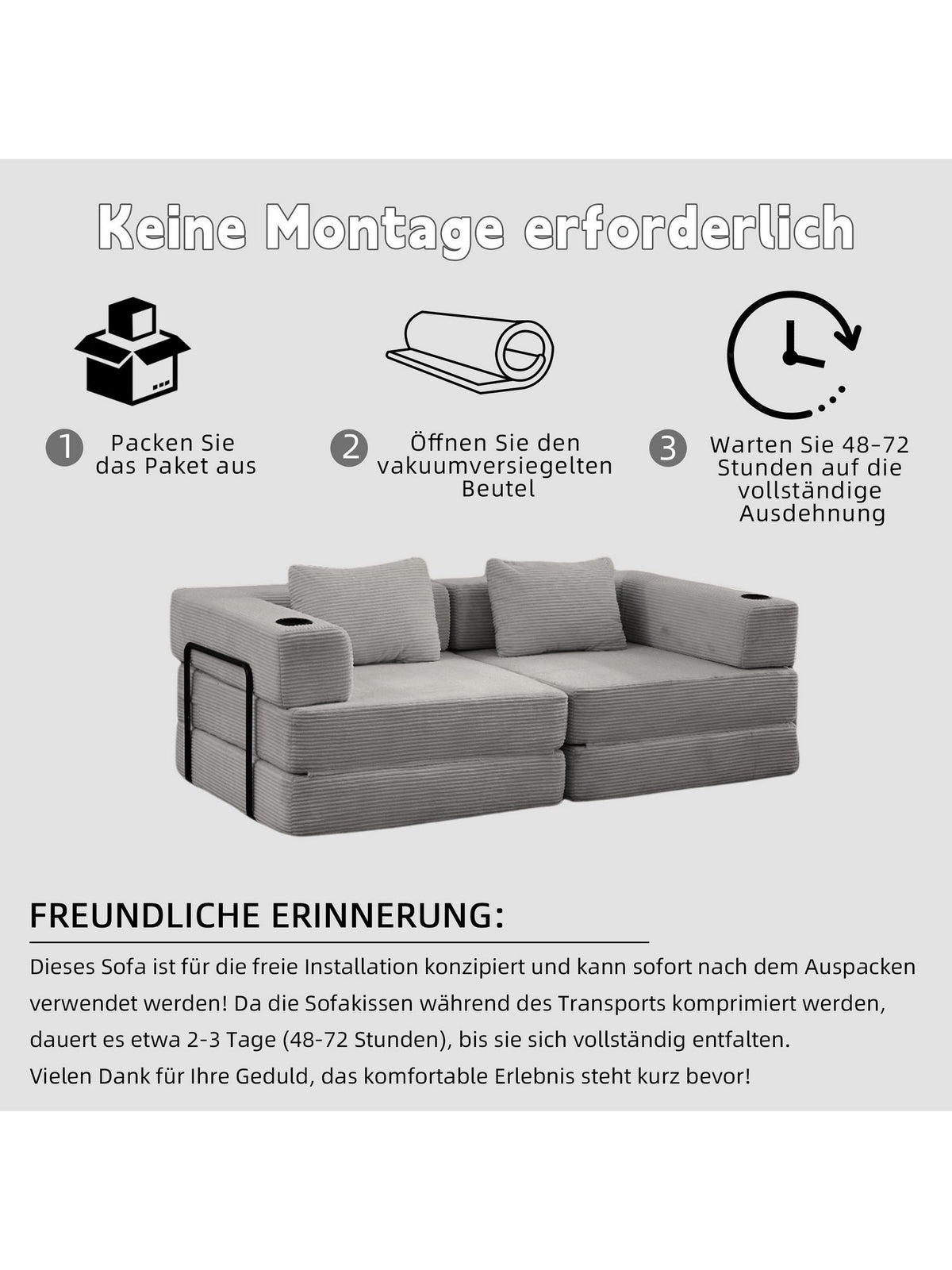 Graues Cord Schlafsofa als Relaxliege genutzt