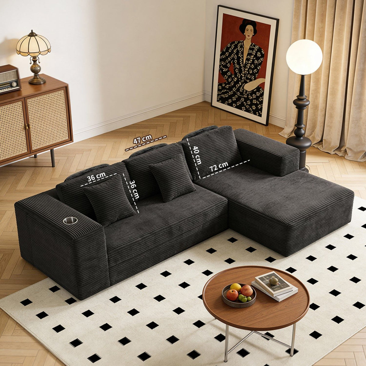 Halskissen und Zierkissen des Cord Ecksofas im Detail