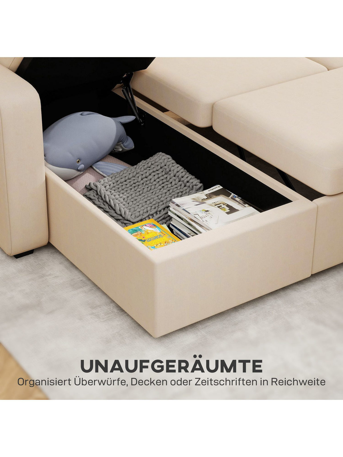 Ecksofa mit ausgeklappter Liegefläche in Beige