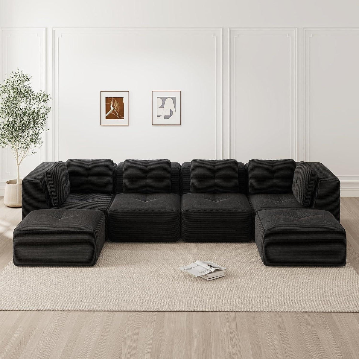 Schwarzes Cord Ecksofa mit tiefer Sitzfläche seitlich