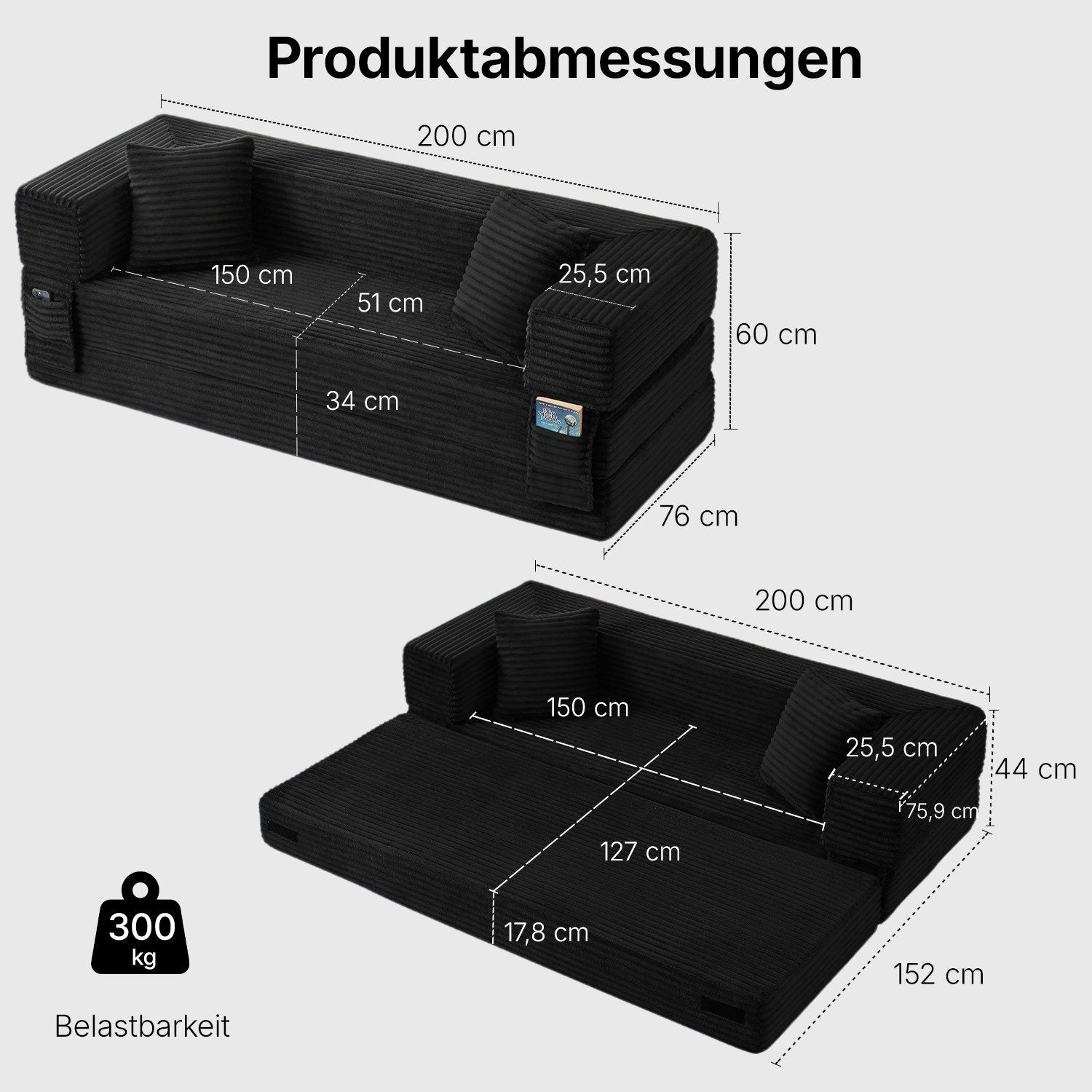 Cord Schlafsofa 200 cm in Schwarz Ansicht 3