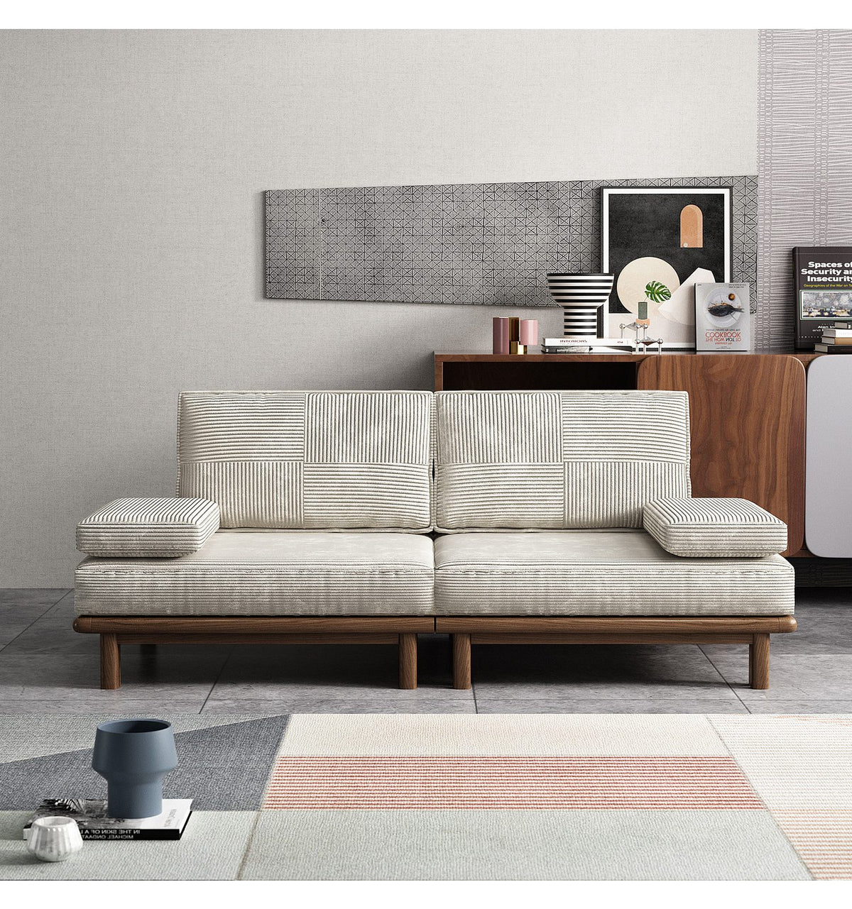 Cord Schlafsofa in Khaki im Wohnzimmer aufgestellt