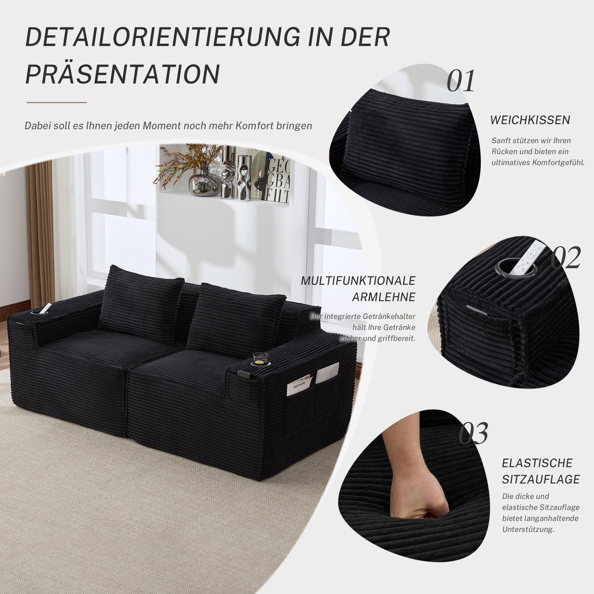 Schwarzes modulares Cord Sofa im Apartment