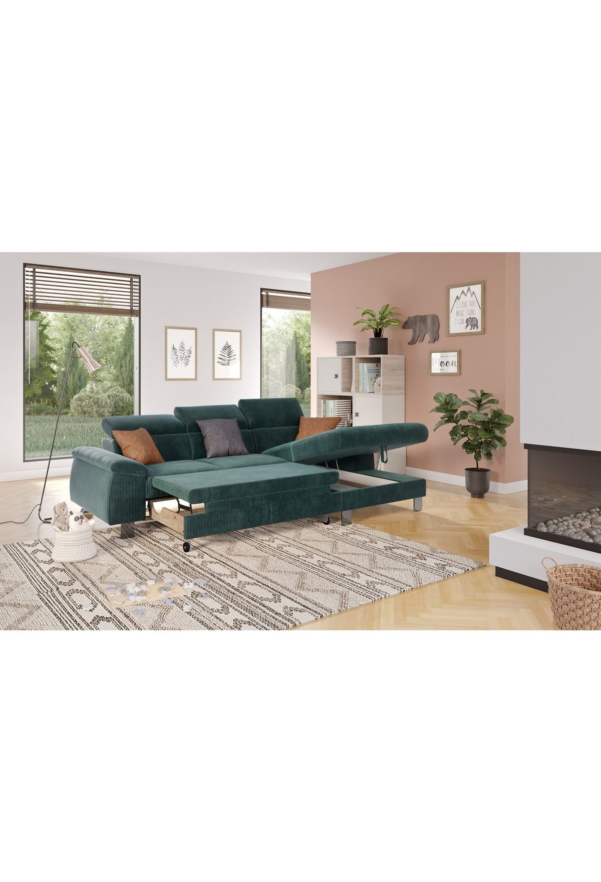 Cord Ecksofa MICKY in Grün von vorne im Wohnzimmer